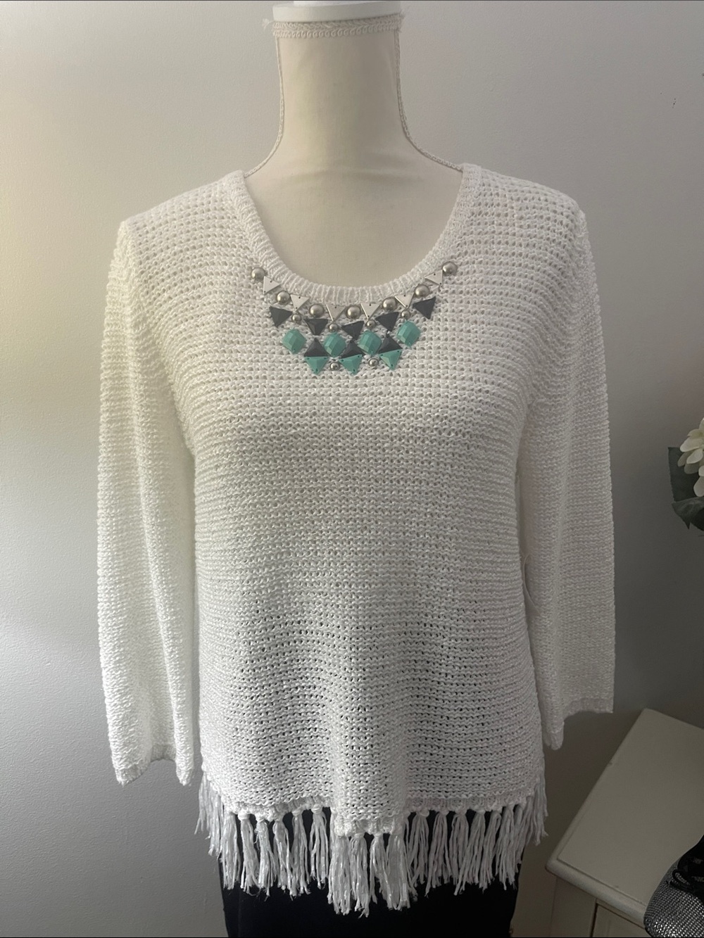Ruby Rd. White Crochet Knit Top with Fringe Trim